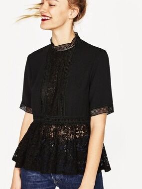 Zara Lace Peplum Ruffle Blouse in Black
